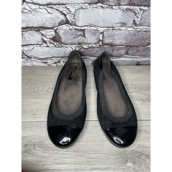 Vionic Spark Tiegan Black Suede Leather Patent Toe Ballet Flats Women Sz 9.5M US - Picture 1 of 16